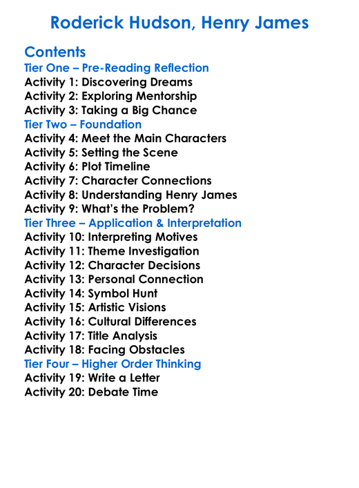 Roderick Hudson Henry James Worksheet Activity Booklet