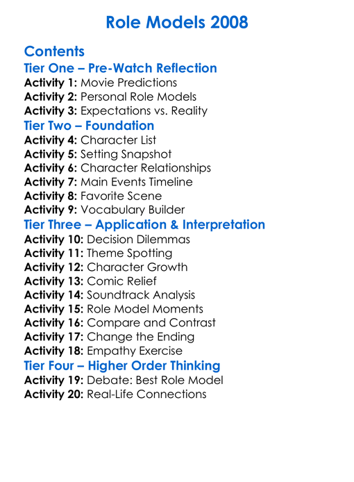 Role Models 2008 Worksheet Activity Booklet
