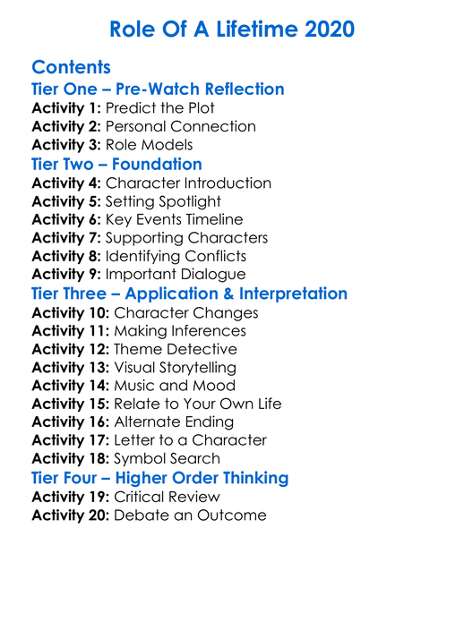Role Of A Lifetime 2020 Worksheet Activity Booklet