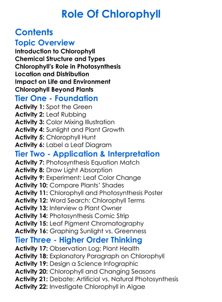 Role Of Chlorophyll Worksheet Activity Booklet