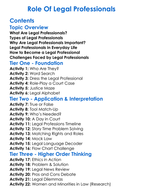Role Of Legal Professionals Worksheet Activity Booklet