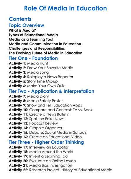 Role Of Media In Education Worksheet Activity Booklet