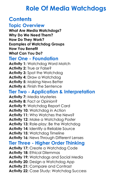 Role Of Media Watchdogs Worksheet Activity Booklet
