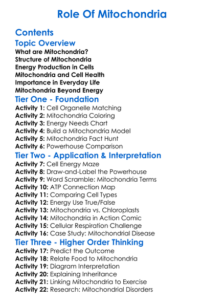 Role Of Mitochondria Worksheet Activity Booklet