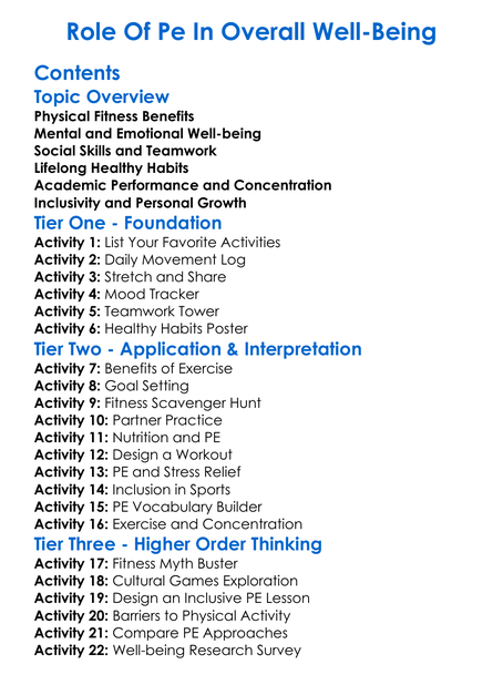 Role Of Pe In Overall Well-Being Worksheet Activity Booklet