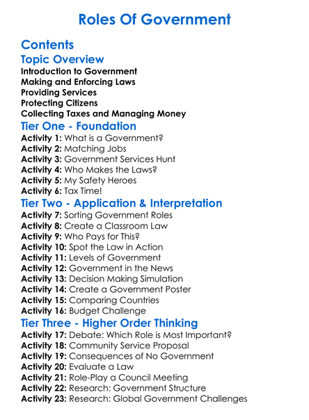 Roles Of Government Worksheet Activity Booklet