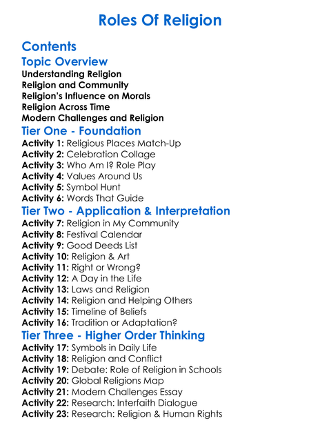 Roles Of Religion Worksheet Activity Booklet