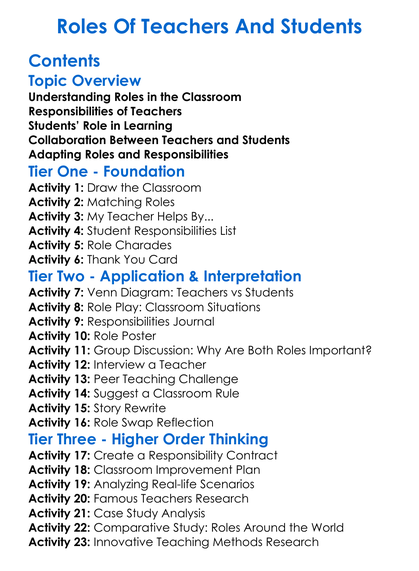 Roles Of Teachers And Students Worksheet Activity Booklet