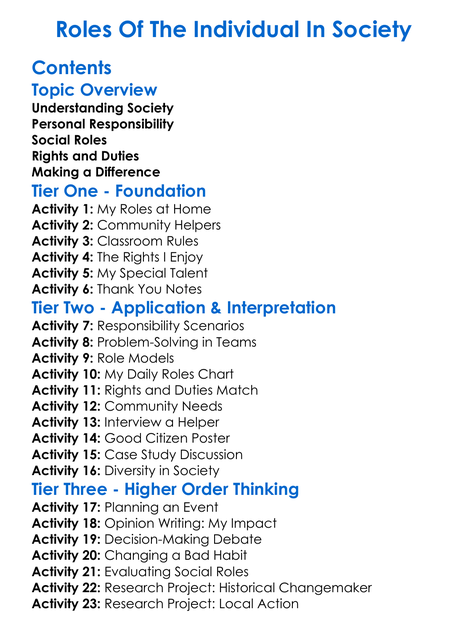 Roles Of The Individual In Society Worksheet Activity Booklet
