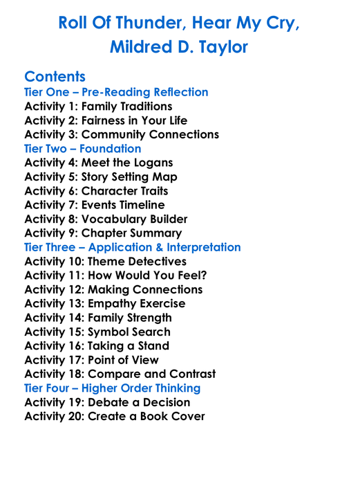 Roll Of Thunder Hear My Cry Mildred D Taylor Worksheet Activity Booklet