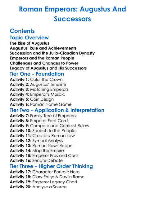 Roman Emperors Augustus And Successors Worksheet Activity Booklet