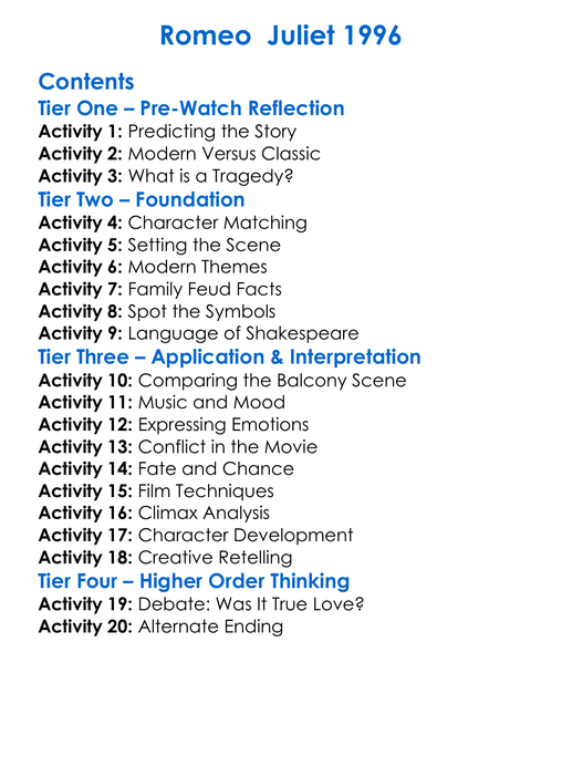 Romeo Juliet 1996 Worksheet Activity Booklet