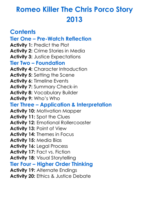 Romeo Killer The Chris Porco Story 2013 Worksheet Activity Booklet