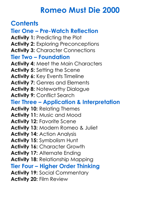 Romeo Must Die 2000 Worksheet Activity Booklet