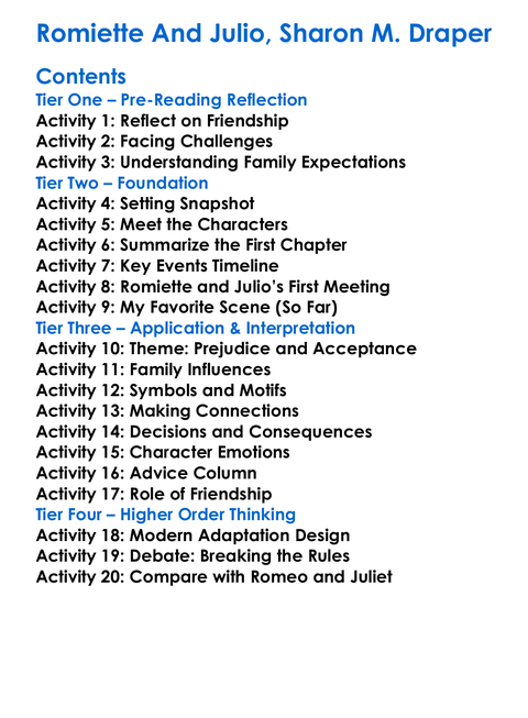 Romiette And Julio Sharon M Draper Worksheet Activity Booklet