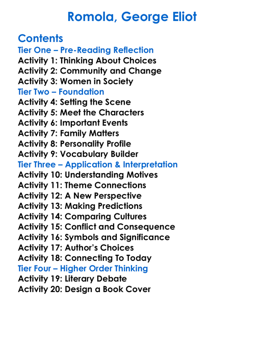 Romola George Eliot Worksheet Activity Booklet