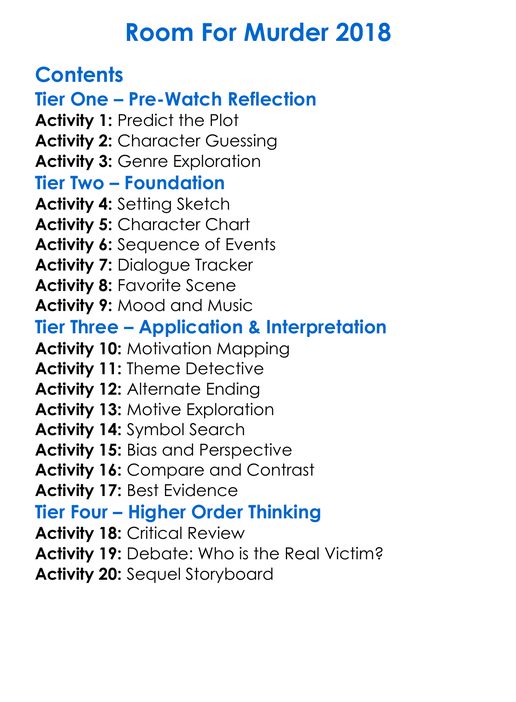Room For Murder 2018 Worksheet Activity Booklet