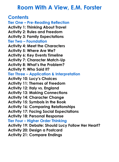 Room With A View Em Forster Worksheet Activity Booklet