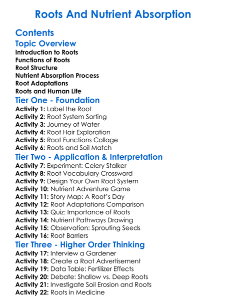 Roots And Nutrient Absorption Worksheet Activity Booklet