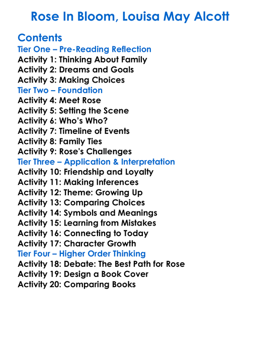 Rose In Bloom Louisa May Alcott Worksheet Activity Booklet