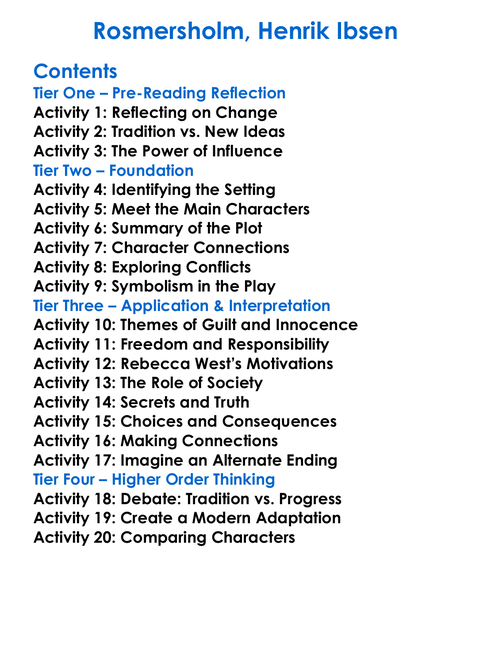 Rosmersholm Henrik Ibsen Worksheet Activity Booklet