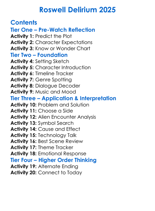 Roswell Delirium 2025 Worksheet Activity Booklet