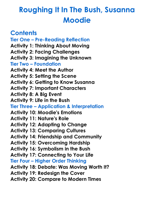Roughing It In The Bush Susanna Moodie Worksheet Activity Booklet