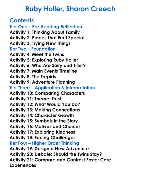 Ruby Holler Sharon Creech Worksheet Activity Booklet