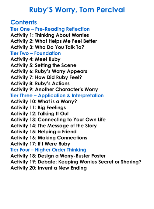 Rubys Worry Tom Percival Worksheet Activity Booklet