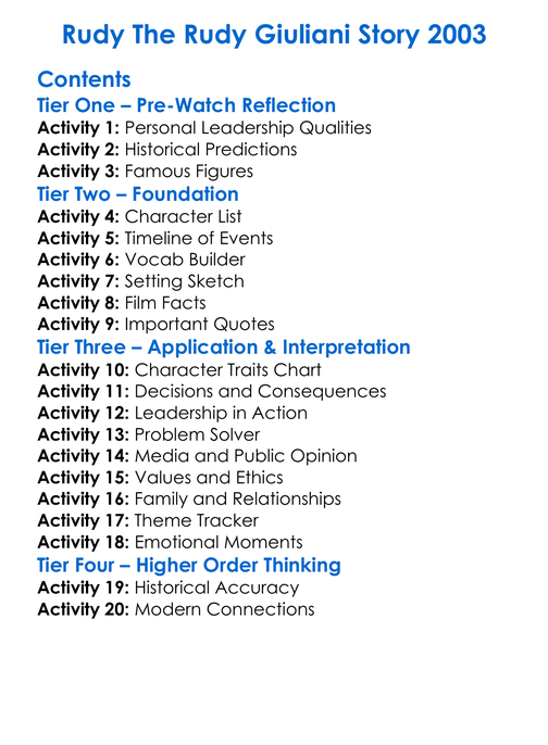 Rudy The Rudy Giuliani Story 2003 Worksheet Activity Booklet