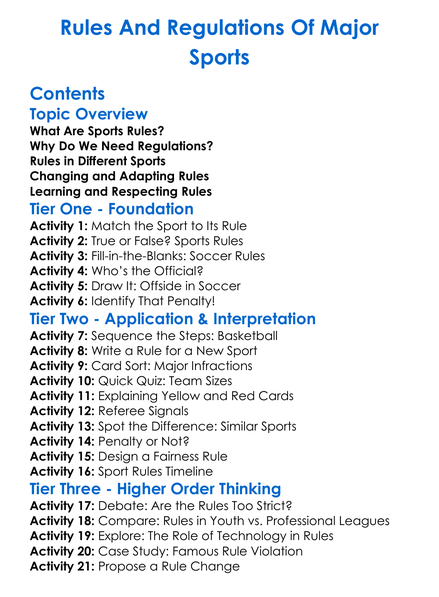 Rules And Regulations Of Major Sports Worksheet Activity Booklet