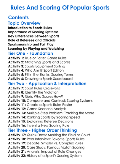 Rules And Scoring Of Popular Sports Worksheet Activity Booklet