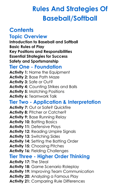 Rules And Strategies Of Baseballsoftball Worksheet Activity Booklet