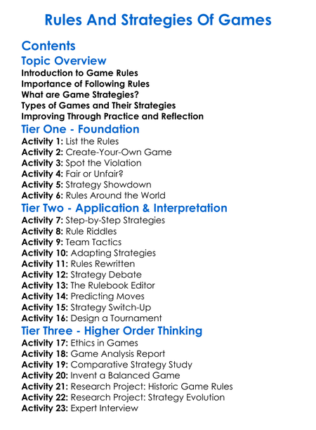 Rules And Strategies Of Games Worksheet Activity Booklet