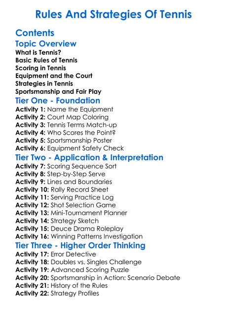 Rules And Strategies Of Tennis Worksheet Activity Booklet