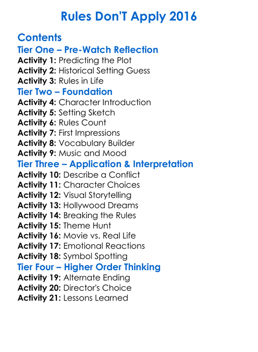 Rules Dont Apply 2016 Worksheet Activity Booklet