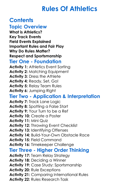 Rules Of Athletics Worksheet Activity Booklet