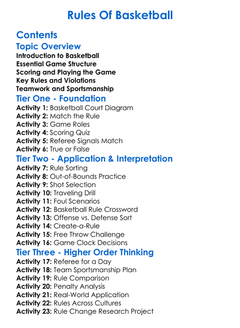 Rules Of Basketball Worksheet Activity Booklet