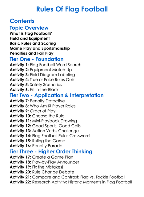 Rules Of Flag Football Worksheet Activity Booklet