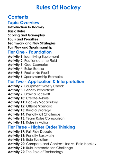 Rules Of Hockey Worksheet Activity Booklet