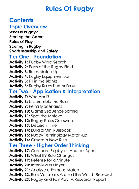 Rules Of Rugby Worksheet Activity Booklet