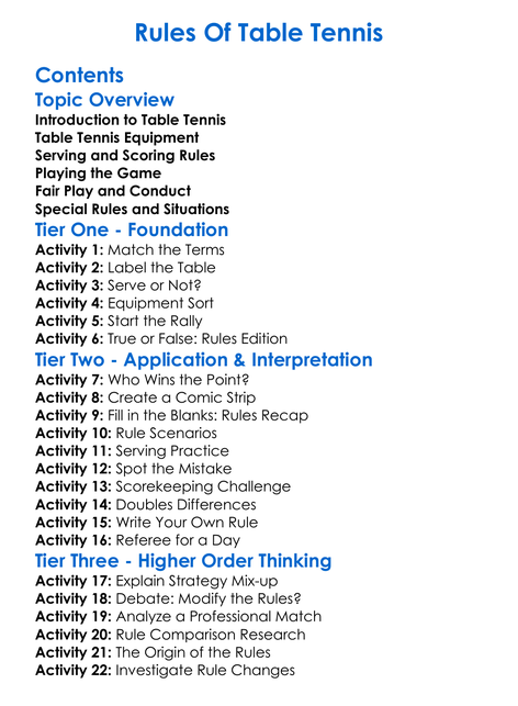 Rules Of Table Tennis Worksheet Activity Booklet