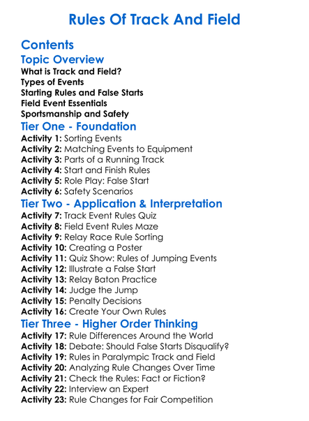 Rules Of Track And Field Worksheet Activity Booklet