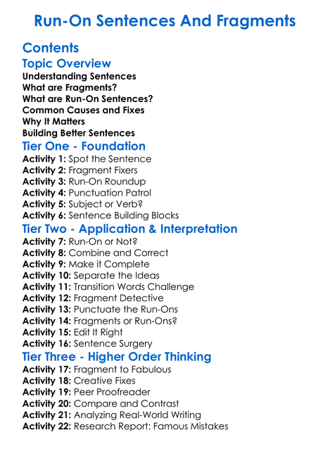 Run-On Sentences And Fragments Worksheet Activity Booklet