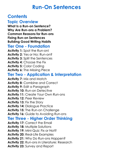 Run-On Sentences Worksheet Activity Booklet