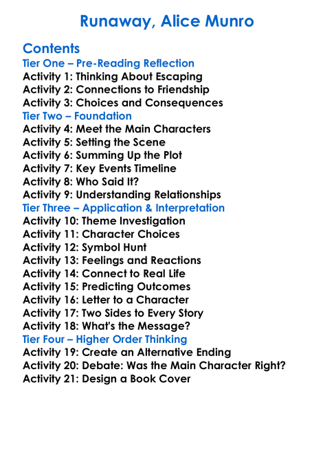 Runaway Alice Munro Worksheet Activity Booklet