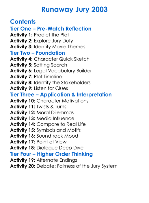 Runaway Jury 2003 Worksheet Activity Booklet