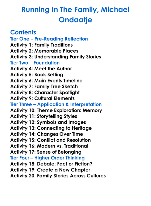 Running In The Family Michael Ondaatje Worksheet Activity Booklet