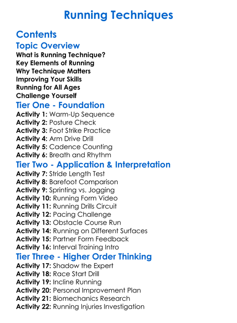 Running Techniques Worksheet Activity Booklet