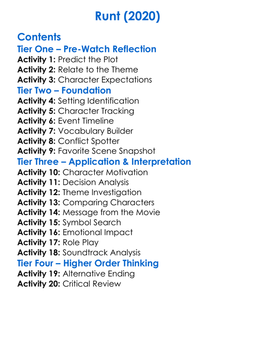 Runt 2020 Worksheet Activity Booklet